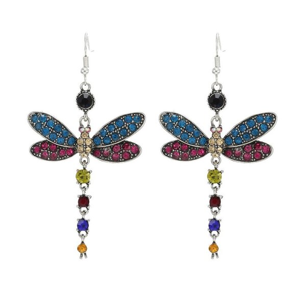 Multi Color Dragonfly Crystal Rhinestone Silver Plated Hook Earrings, V… - Picture 3 of 9